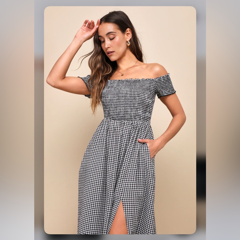 LULUS Patsy Black and White Gingham Off-the-Shoulder Dress